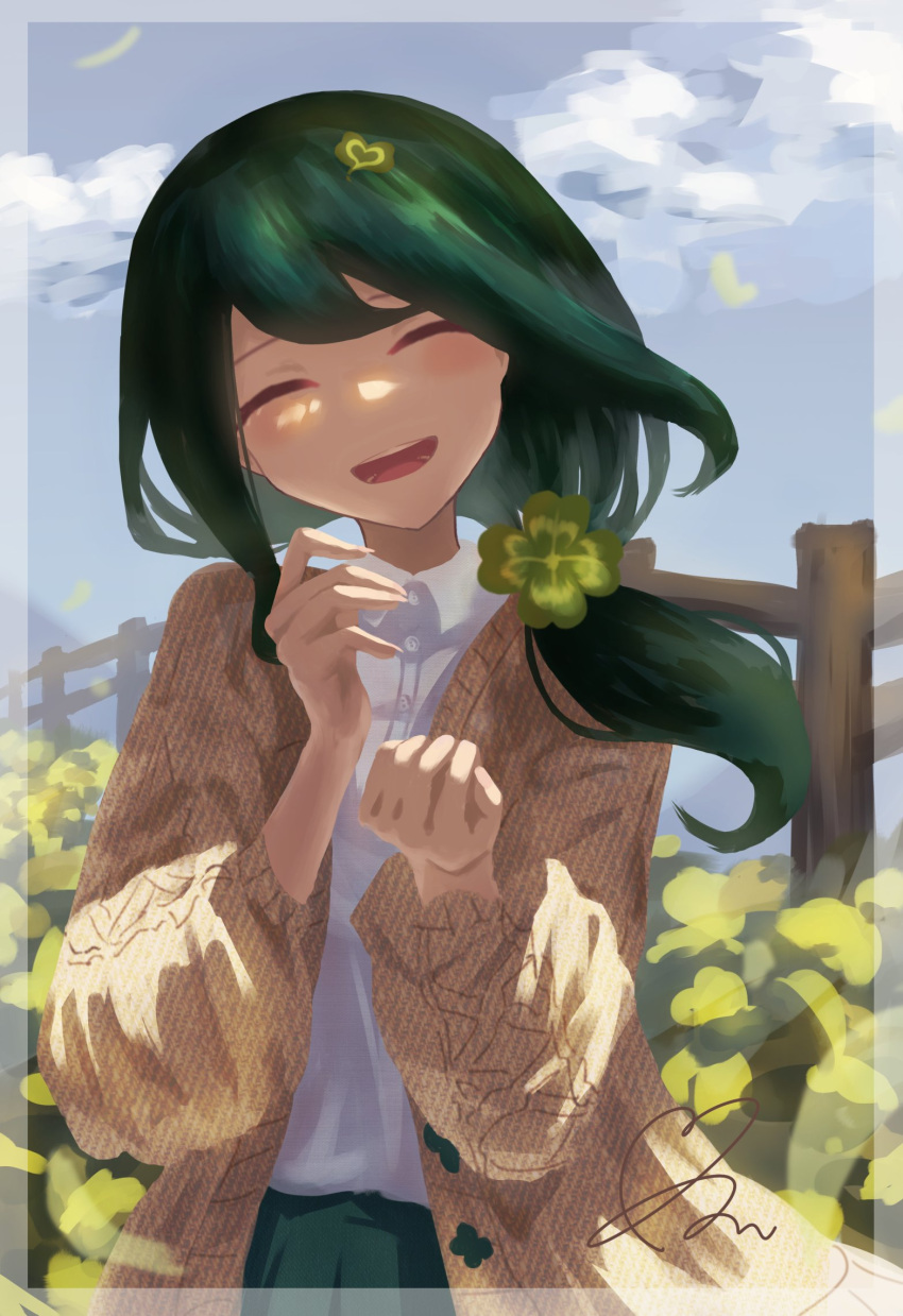 1girl, :d, blush, brown_jacket, closed_eyes, clouds, clover_hair_ornament, day, facing_viewer, fence, green_hair, green_skirt, hair_ornament, hands_up, highres, indie_virtual_youtuber, jacket, long_hair, long_sleeves, micomi_uminoe, open_mouth, outdoors, safe, shirt, skirt, sky, smile, solo, sumi_suya, upper_body, virtual_youtuber, white_shirt, wooden_fence