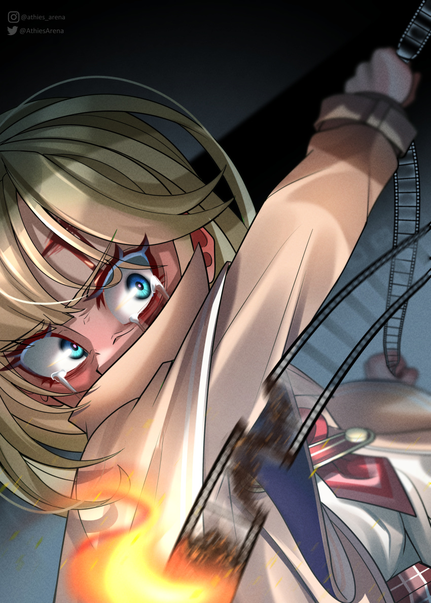 1girl, absurdres, athies, bangs, bleeding, blonde_hair, blood, blue_eyes, crying, crying_with_eyes_open, cuts, film_strip, fire, hair_ornament, highres, hololive, hololive_english, injury, safe, shirt, short_hair, solo, tears, twitter_username, virtual_youtuber, watson_amelia