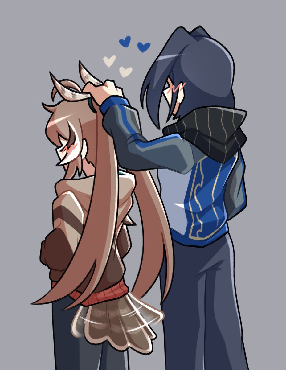 2girls, ahoge, bangs, blue_hair, brown_hair, feather_hair_ornament, feathers, hair_ornament, heart, highres, hololive, hololive_english, hood, hoodie, long_hair, multicolored_hair, multiple_girls, namelessakikaze, nanashi_mumei, ouro_kronii, pants, petting, ponytail, safe, short_hair, streaked_hair, sweater, tail, tail_feathers, tail_wagging, very_long_hair, virtual_youtuber