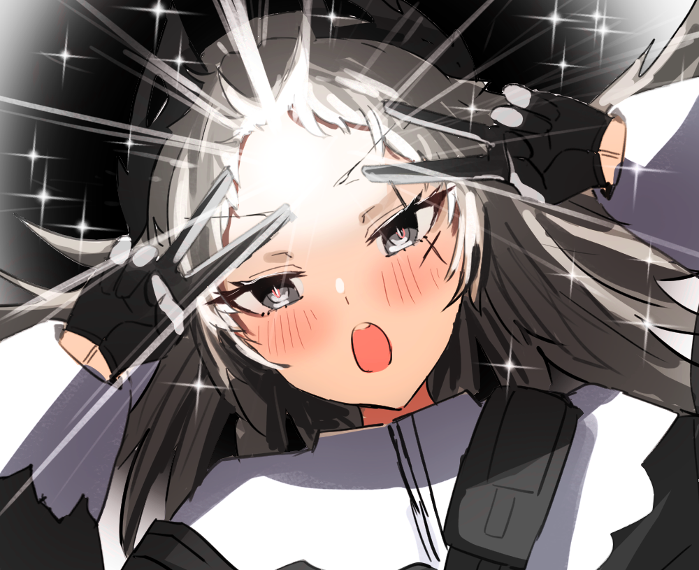 1girl, arknights, black_gloves, blush, capelet, double_v, forehead, gloves