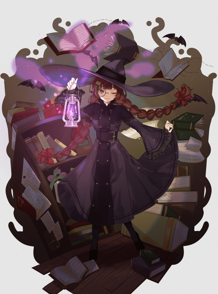 1girl, absurdres, artist_request, bat_(animal), black_bow, black_bowtie, black_dress, black_footwear, black_headwear, black_pantyhose, book, book_hair_ornament, book_stack, bookshelf, bow, bowtie, braid, brown_hair, dress, full_body, glasses, grey_eyes, hair_bow, happy_halloween, hat, highres, holding, holding_lantern, indie_virtual_youtuber, lantern, long_hair, one_eye_closed, open_book, pantyhose, red_bow, safe, solo, twin_braids, very_long_hair, wide_sleeves, witch_hat, yomiyama_humino