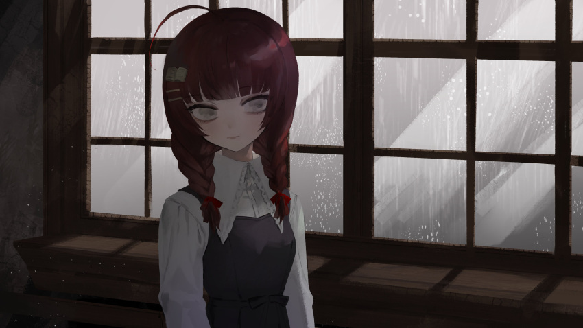1girl, absurdres, ahoge, artist_request, bangs, book_hair_ornament, braid, brown_hair, grey_eyes, hair_ornament, hairclip, highres, indie_virtual_youtuber, indoors, komatsuzaki_rui_(style), long_hair, safe, second-party_source, shirt, solo, twin_braids, upper_body, white_shirt, window, yomiyama_humino