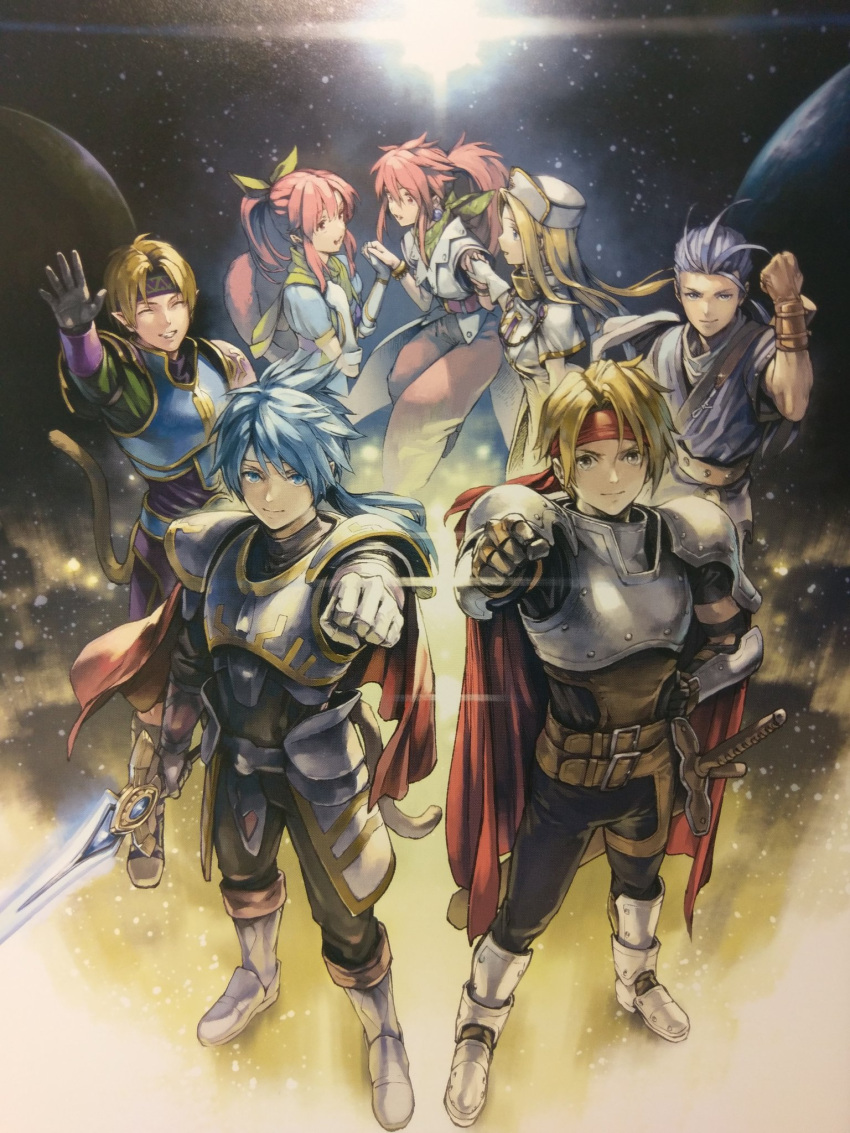 arche_klein, armor, blonde_hair, blue_eyes, cape, chester_burklight, closed_mouth, cress_albane