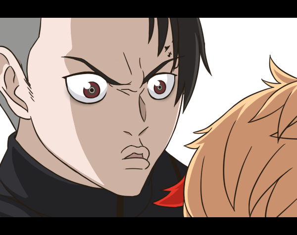 2boys, axel_syrios, black_hair, blonde_hair, brown_eyes, facial_hair, fur_trim, hair_behind_ear