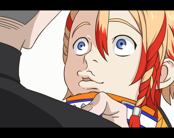 1girl, 2boys, axel_syrios, blonde_hair, blue_eyes, braid, collar, collar_grab