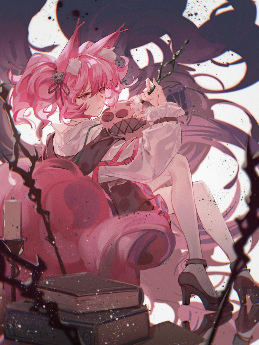 1girl, :/, animal_ear_fluff, animal_ears, arknights, black_footwear, black_skirt, book