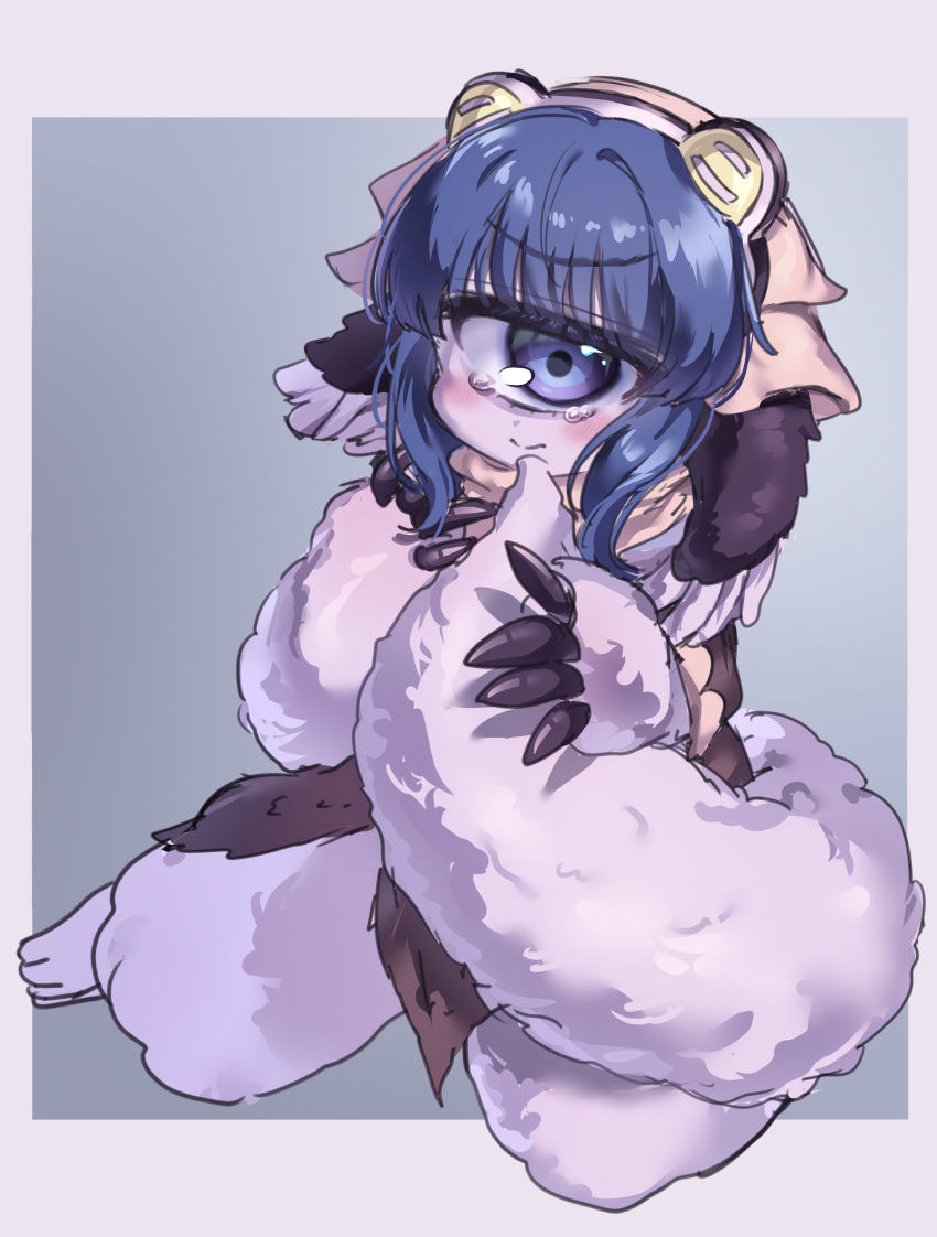 1girl, absurdres, animal_ears, azen_(mntimcczgrtn), barefoot, blue_eyes, blue_hair, blush