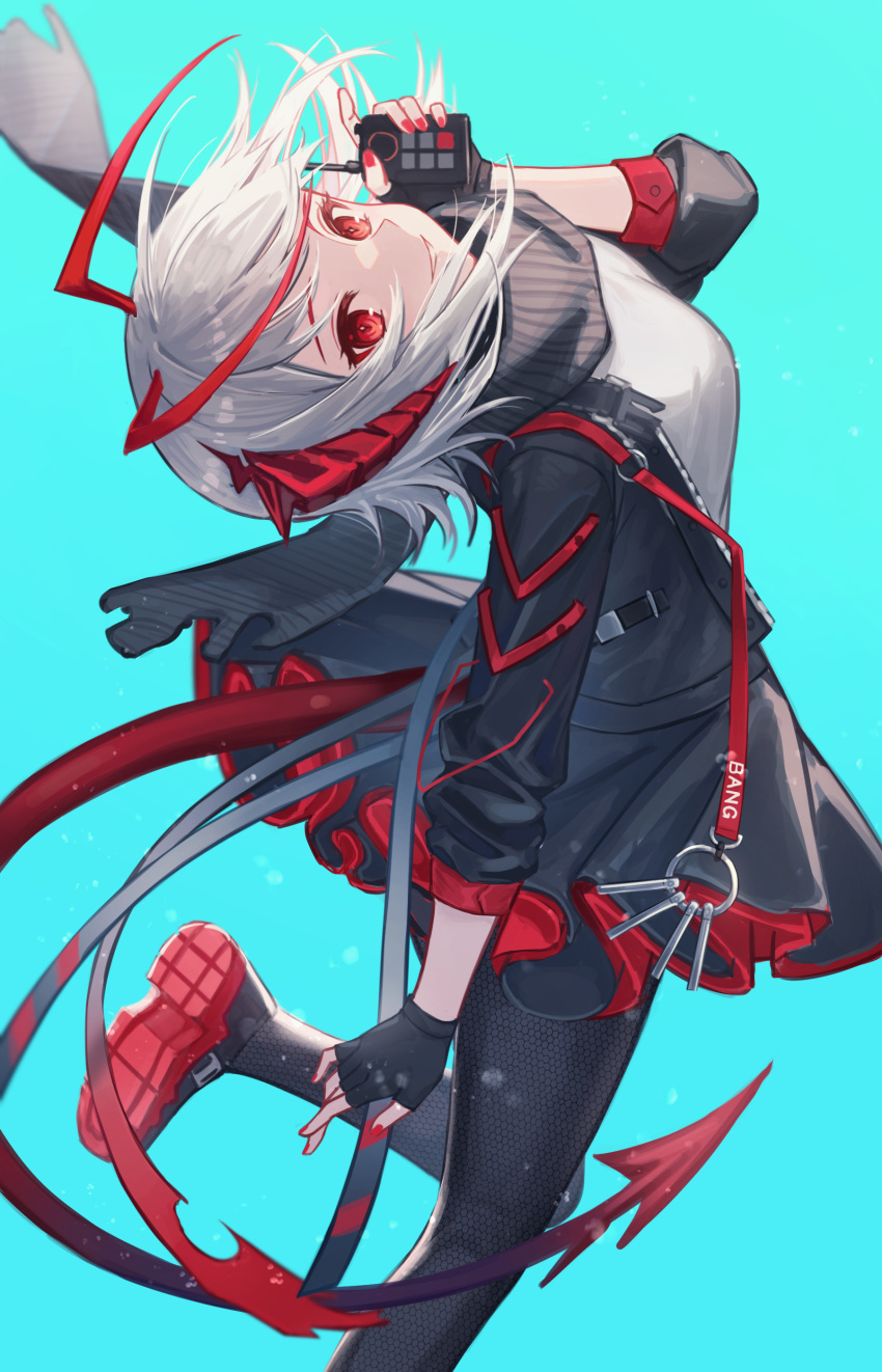 1girl, absurdres, antennae, aqua_background, arknights, black_footwear, black_gloves, black_jacket