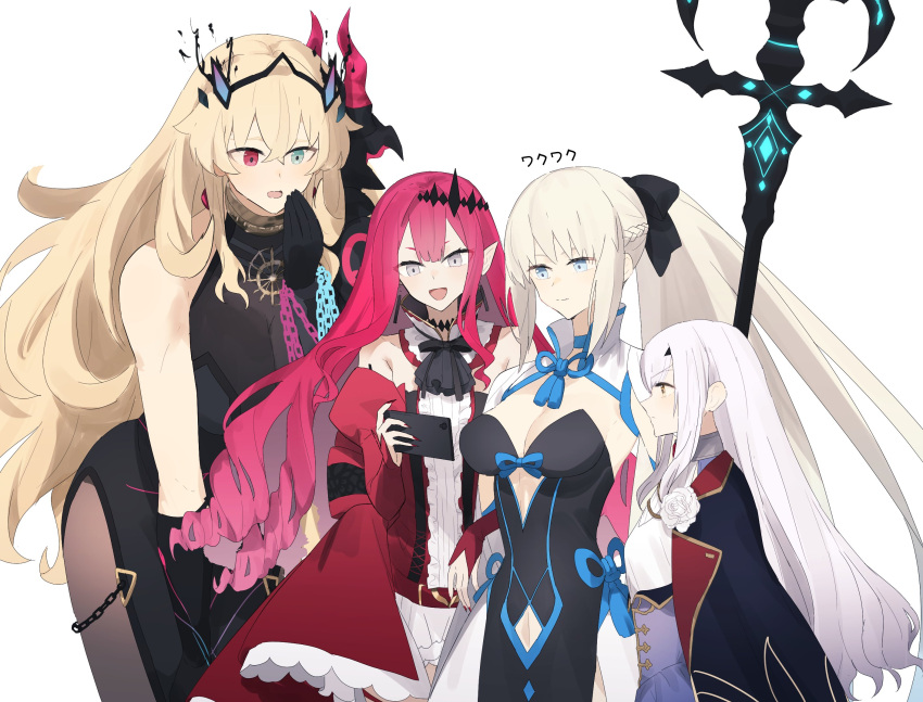4girls, arms_on_head, bangs, bare_shoulders, belt, black_bow, black_dress, black_gloves, blonde_hair, blue_cloak, blue_eyes, blue_ribbon, bow, breasts, brown_pantyhose, cloak, closed_mouth, collar, crown, dress, fairy_knight_gawain_(fate), fairy_knight_lancelot_(fate), fairy_knight_tristan_(fate), fate/grand_order, fate_(series), flower, gloves, grey_eyes, grey_hair, hair_bow, highres, holding, holding_phone, holding_staff, large_breasts, long_dress, long_hair, long_sleeves, manicure, medium_breasts, morgan_le_fay_(fate), multicolored_eyes, multiple_girls, ne_f_g_o, open_clothes, open_dress, open_mouth, pantyhose, phone, pink_belt, pink_dress, pink_hair, purple_skirt, red_eyes, ribbon, rose, safe, shirt, skirt, smile, staff, very_long_hair, white_background, white_dress, white_flower, white_rose, white_shirt