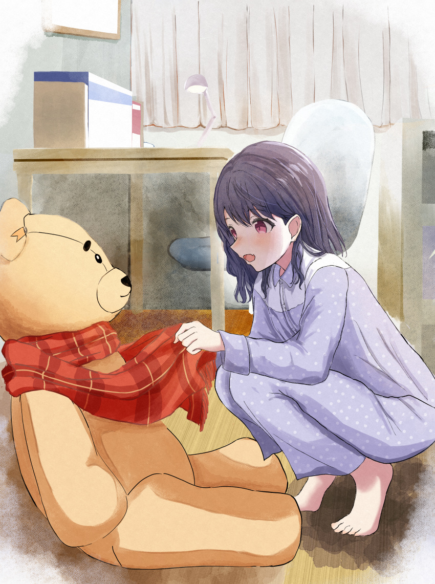 1girl, absurdres, adjusting_scarf, barefoot, blue_hair, blush, curtains, dark_blue_hair