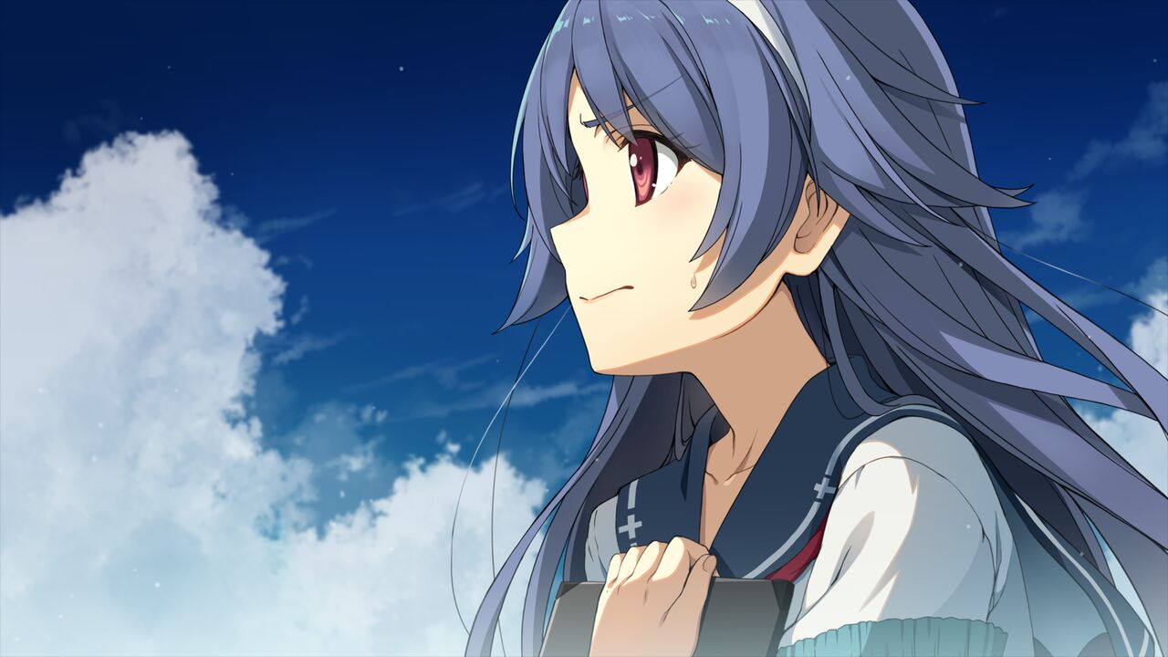 1girl, ao_no_kanata_no_four_rhythm, aoyagi_madoka, blue_hair, blue_sailor_collar, blue_sky, closed_mouth, cloud