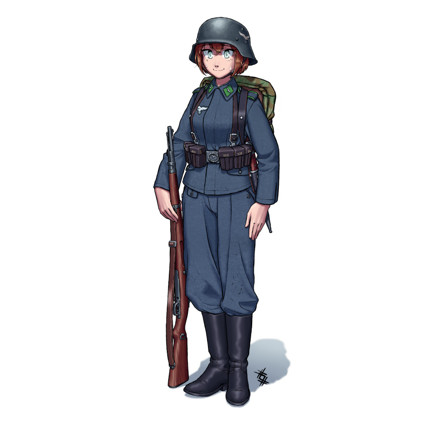 1girl, absurdres, backpack, bag, bayonet, belt, belt_pouch, black_footwear, blue_eyes, blue_jacket, blue_pants, bolt_action, boots, brown_hair, bucket, camouflage_backpack, collar_tabs, combat_boots, english_commentary, flying_sweatdrops, full_body, german_army, gun, hair_between_eyes, helmet, highres, jacket, leather, leather_boots, mauser_98, medium_hair, military, military_helmet, military_uniform, original, ostwindprojekt, pants, pouch, rifle, safe, sling_(weapon), solo, stahlhelm, sweat, uniform, weapon