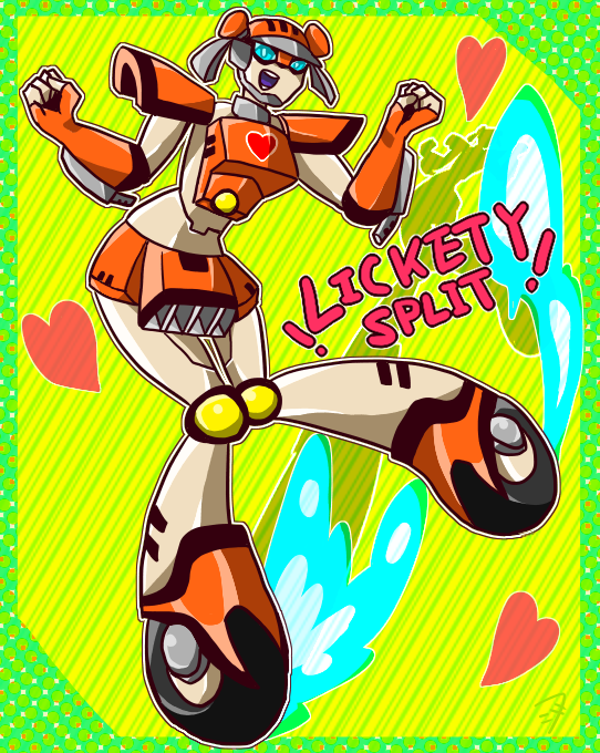 1girl, 3356-10, android, blue_eyes, breasts, curvy, green_background, hasbro, heart, humanoid_robot, lickety_split, medium_breasts, orange_skirt, robot, roller_skates, safe, skates, skirt, solo, transformers, transformers_animated