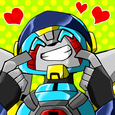 1boy, 3356-10, blue_eyes, closed_eyes, halftone, halftone_background, hasbro, heart, hot_shot_(transformers), humanoid_robot, lowres, polka_dot, polka_dot_background, robot, safe, smile, solo, transformers, transformers_animated
