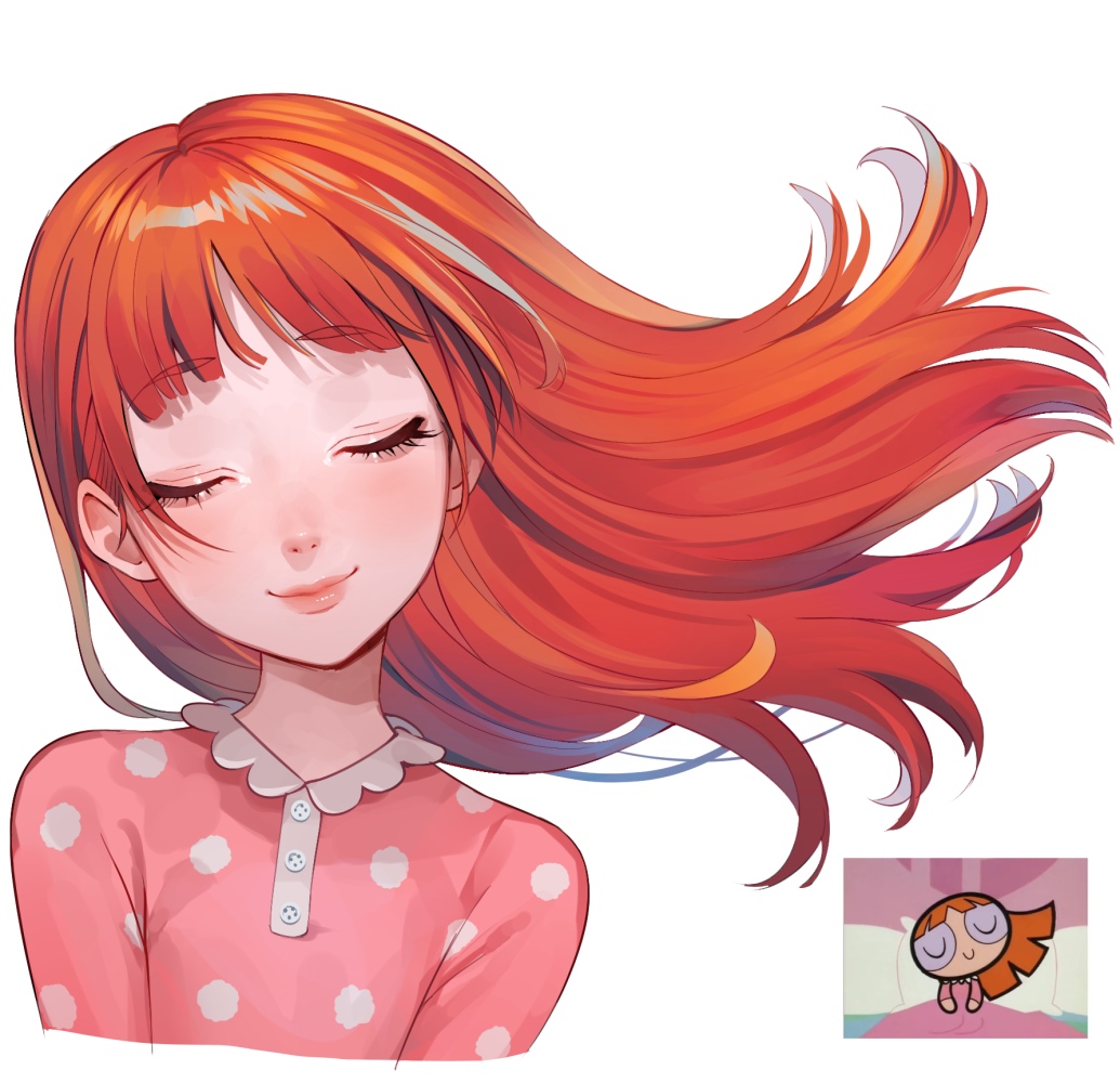 1girl, bangs, blossom_(ppg), buttercup_redraw_challenge_(meme), closed_eyes, derivative_work, facing_viewer, floating_hair