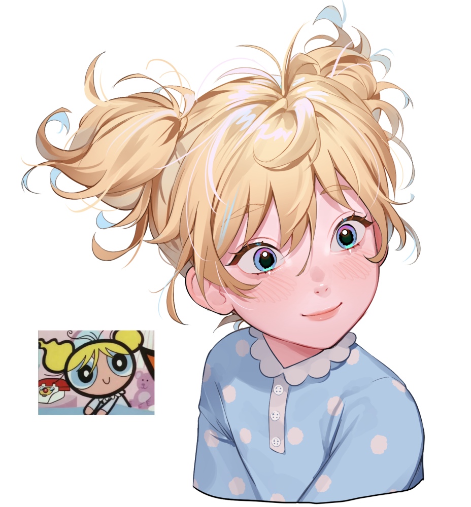 1girl, bangs, blonde_hair, blue_eyes, blush, bubbles_(ppg), buttercup_redraw_challenge_(meme), cropped_shoulders, derivative_work, lavelis, meme, messy_hair, pajamas, polka_dot, polka_dot_shirt, powerpuff_girls, reference_inset, safe, screencap_inset, screencap_redraw, shiny, shiny_hair, shirt, simple_background, smile, solo, twintails