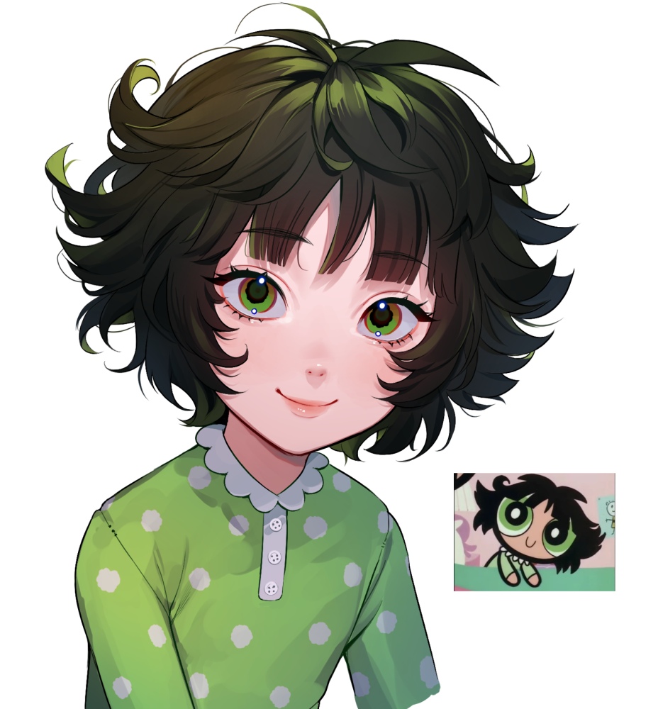 1girl, bangs, brown_hair, buttercup_(ppg), buttercup_redraw_challenge_(meme), colored_inner_hair, derivative_work, english_commentary