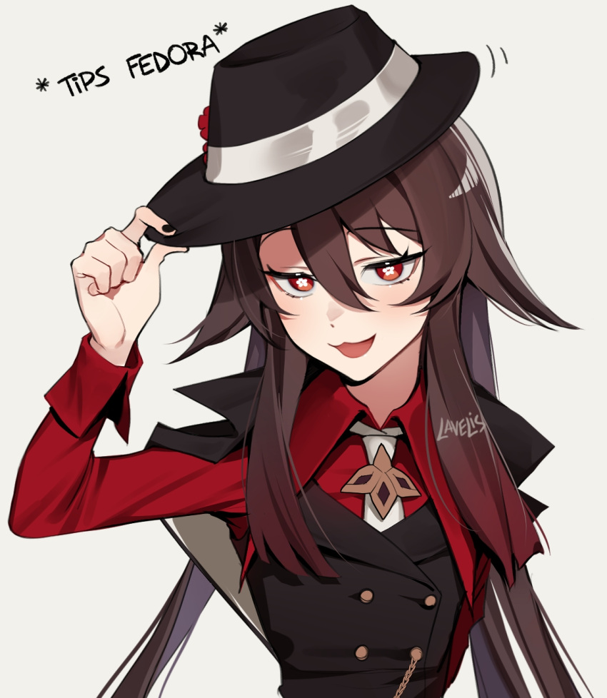 1girl, black_headwear, black_nails, brown_hair, english_text, fedora, genshin_impact, gradient