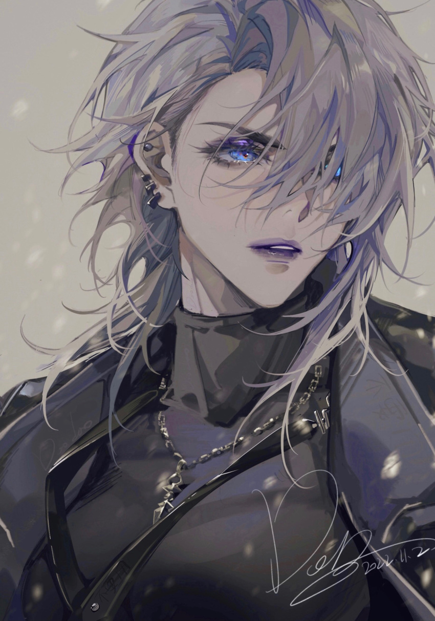 1boy, 1girl, bangs, black_jacket, black_shirt, blonde_hair, blue_eyes, chain_necklace
