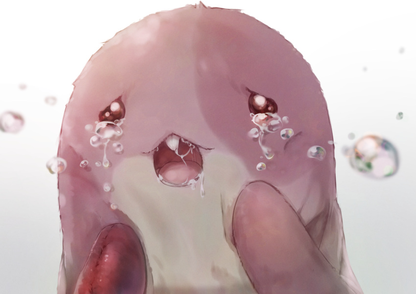 1girl, 1other, blurry, blurry_foreground, buck_teeth, commentary_request, crying, drooling
