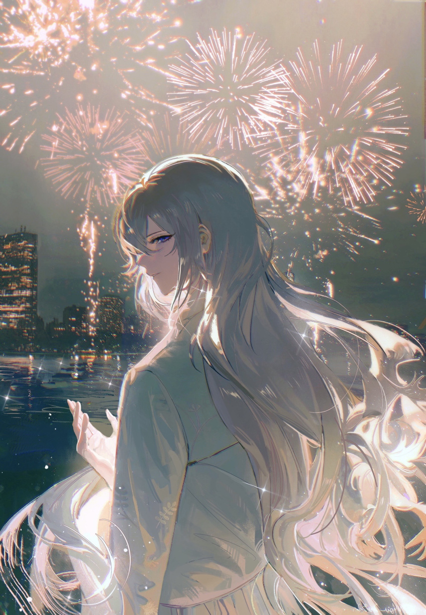 1boy, 1girl, aerial_fireworks, bangs, bishounen, blue_eyes, building, chinese_commentary