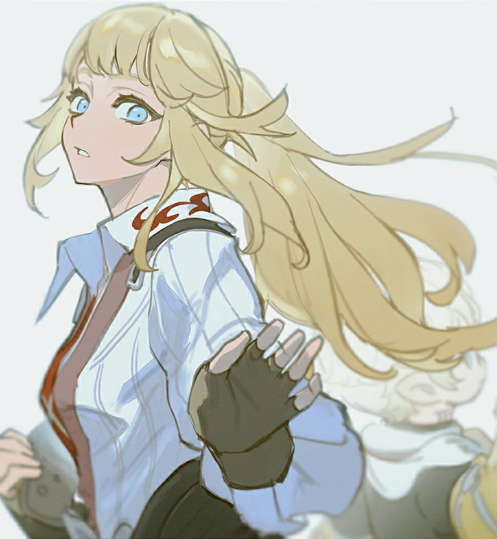 1boy, 1girl, bangs, blonde_hair, blue_eyes, blurry, brown_gloves, collared_jacket, elbow_gloves, final_fantasy, final_fantasy_xiv, floating_hair, from_side, gloves, holding, holding_mask, hyur, jacket, lalafell, long_hair, looking_at_viewer, lyse_hext, mask, mask_removed, papalymo_totolymo, parted_lips, pointy_ears, ponytail, reaching_towards_viewer, safe, shirt, simple_background, solo_focus, upper_body, white_background, white_jacket, wuliu_heihuo, yda_hext