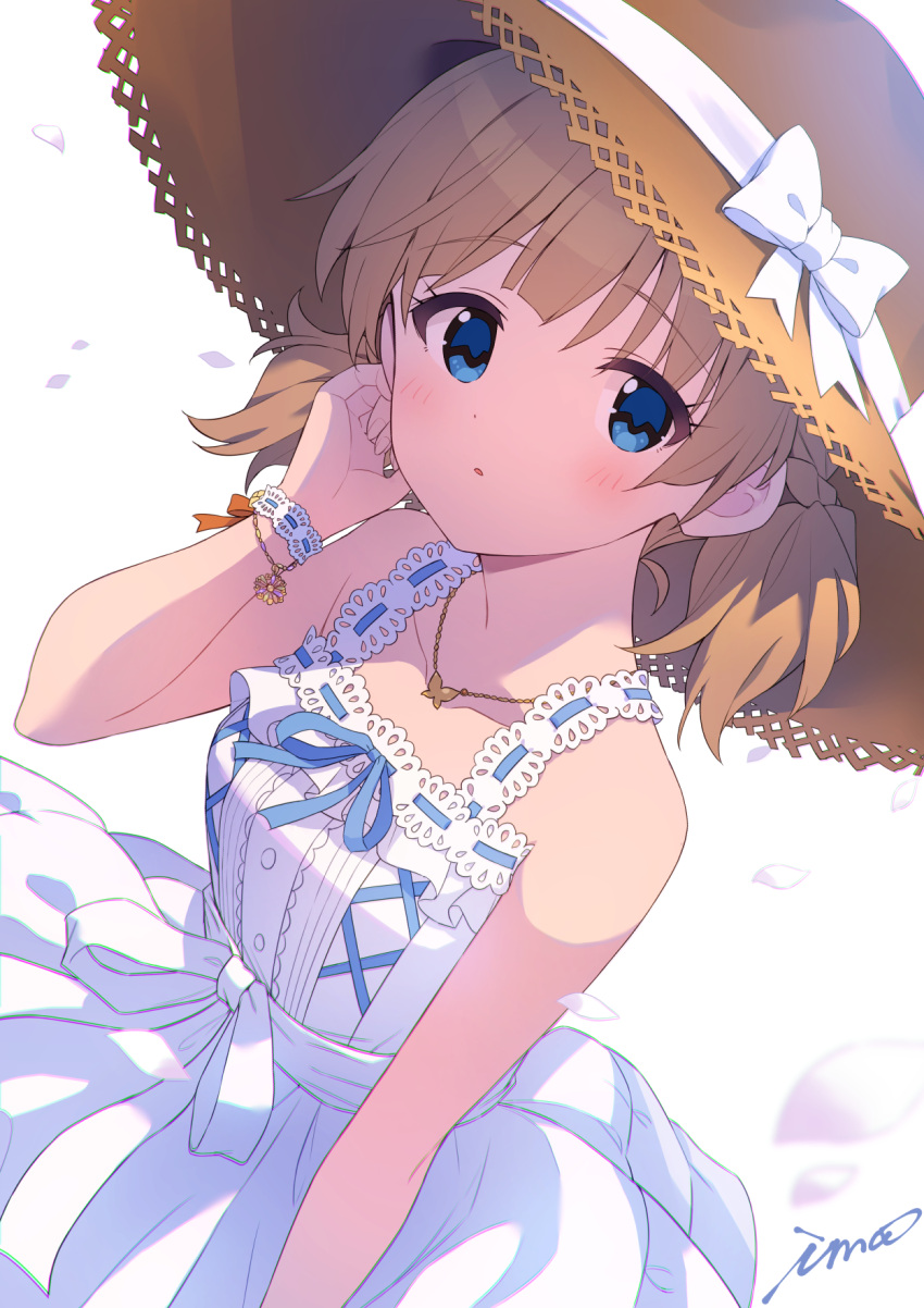 1girl, bangs, blonde_hair, blue_eyes, blue_ribbon, blush, bow, bracelet