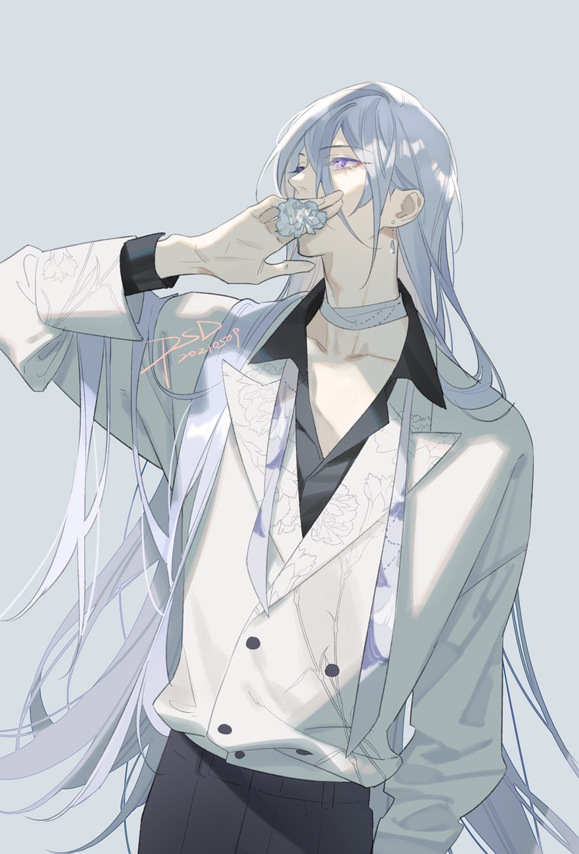 1boy, 1girl, arm_at_side, arm_up, artist_name, bangs, bishounen, black_pants, black_shirt, buttons, choker, collarbone, collared_shirt, covering_mouth, dated, earrings, eyelashes, floral_print, flower, for_all_time, gradient, gradient_background, grey_background, grey_hair, hair_between_eyes, highres, holding, holding_flower, jacket, jewelry, lapels, long_hair, long_sleeves, looking_away, looking_up, male_focus, open_collar, pants, psd_(psdgai), safe, shirt, sidelocks, signature, simple_background, solo, standing, very_long_hair, violet_eyes, white_choker, white_flower, white_jacket, yexuan