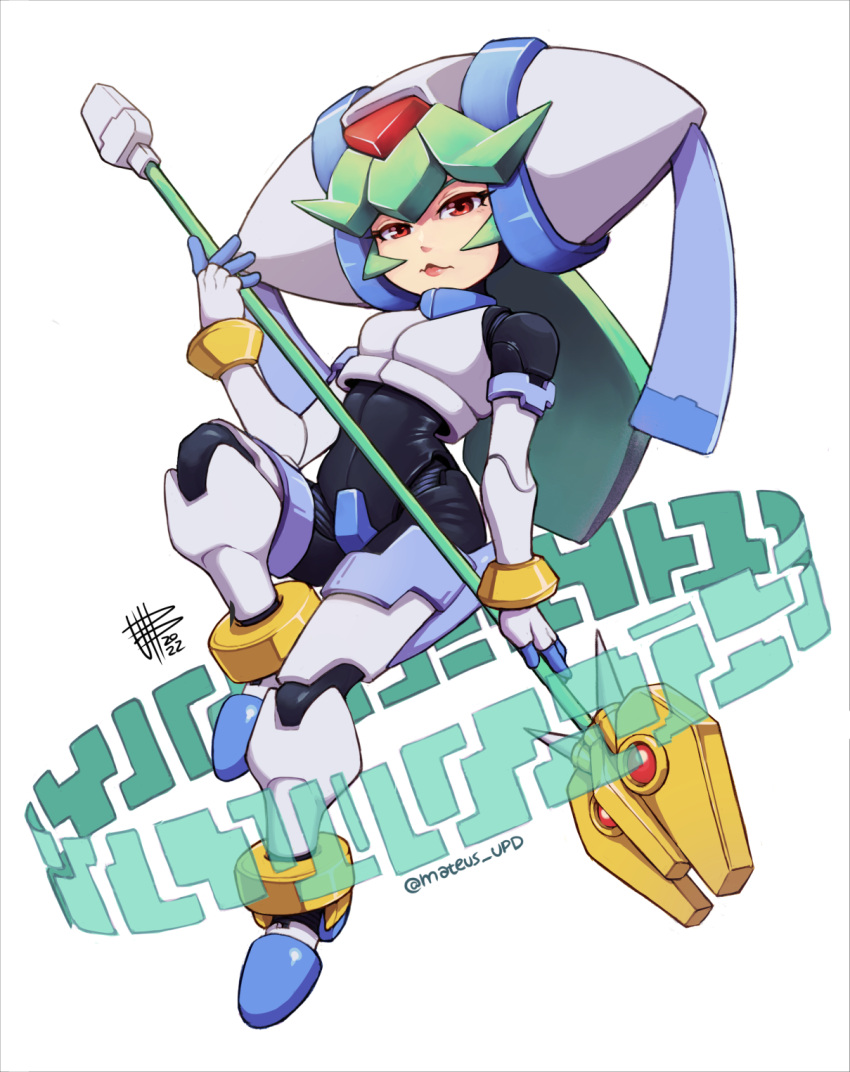 1girl, android, armor, full_body, gloves, green_hair, headgear, helmet, highres, holding, holding_weapon, long_hair, looking_at_viewer, mateus_upd, mega_man_(series), mega_man_zx, pandora_(mega_man), pandora_(rockman), polearm, red_eyes, robot, safe, solo, spear, twintails, weapon, white_gloves