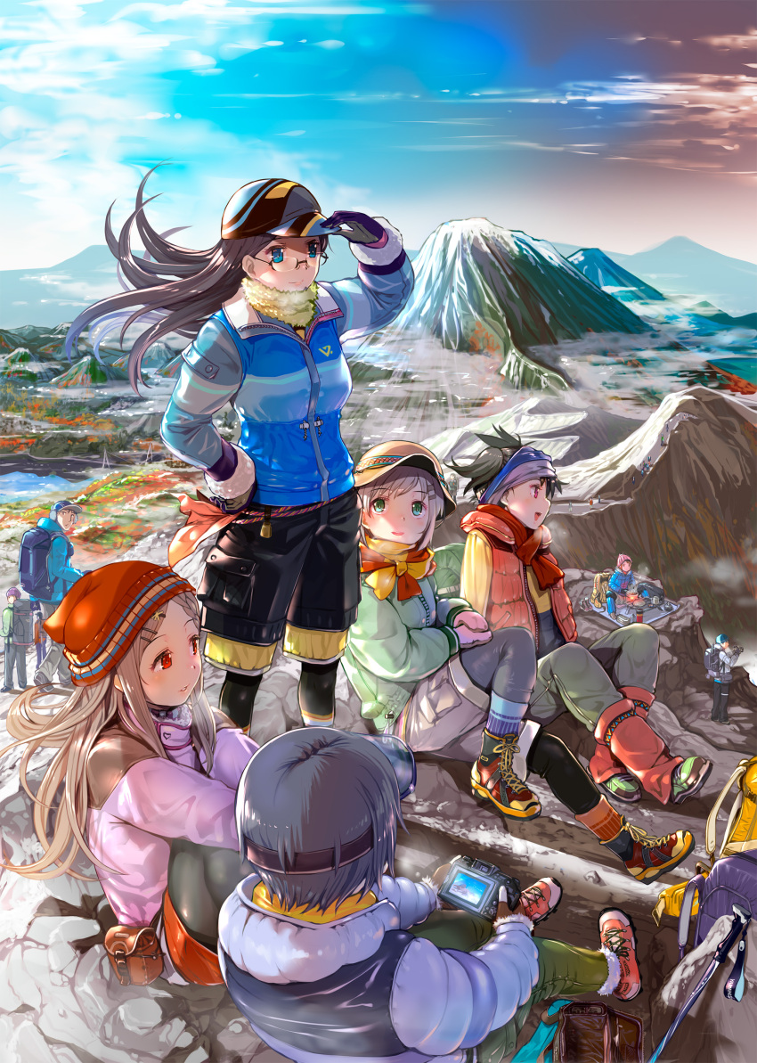4boys, 6+girls, absurdres, aoba_kokona, backpack, bag, bangs, baseball_cap