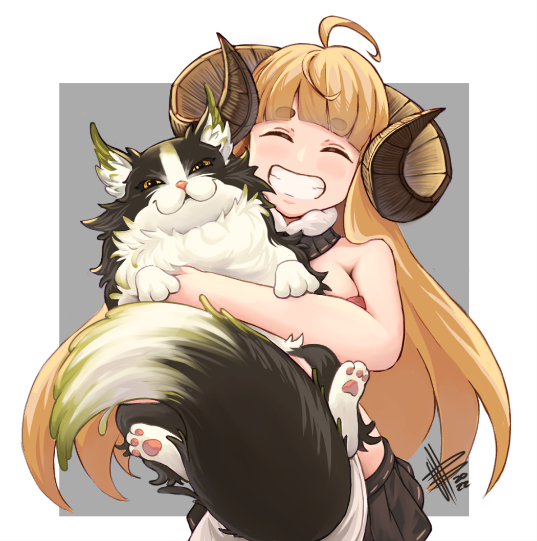1girl, ahoge, anila_(granblue_fantasy), animal, bangs, blonde_hair, blunt_bangs, blush