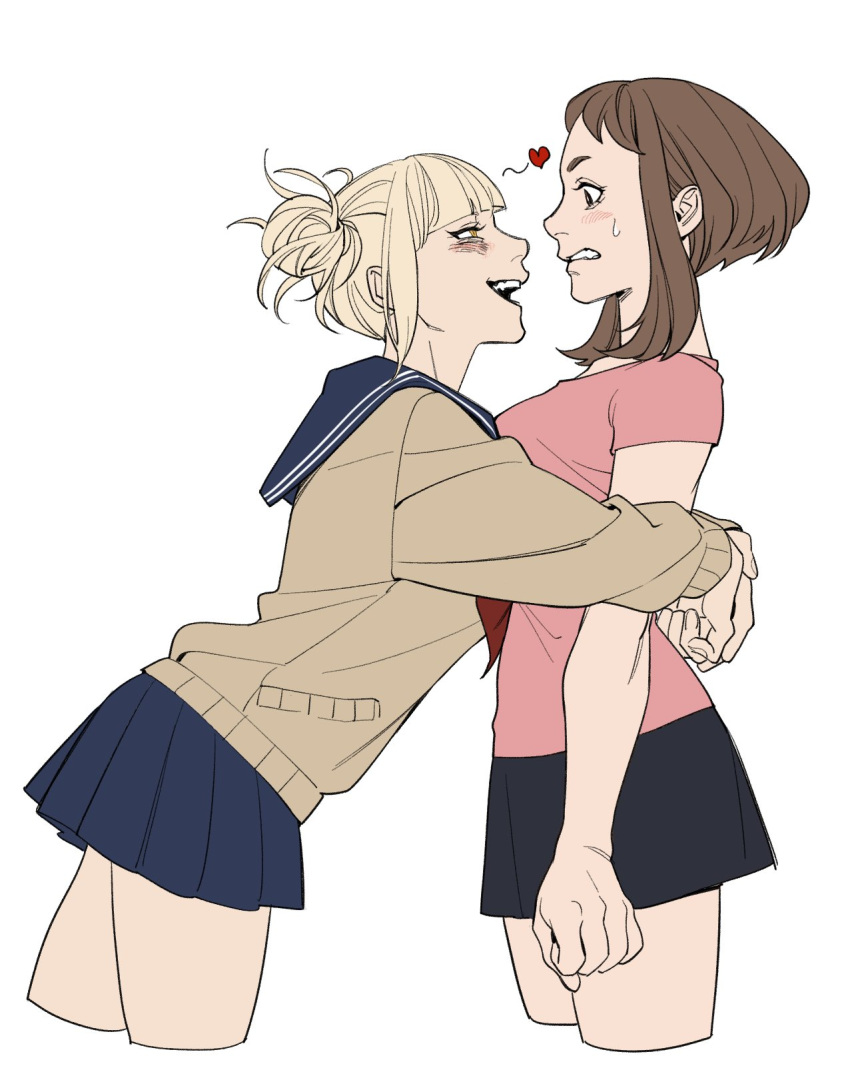 2girls, bangs, blonde_hair, blue_sailor_collar, blue_skirt, blunt_bangs, blush, boku_no_hero_academia