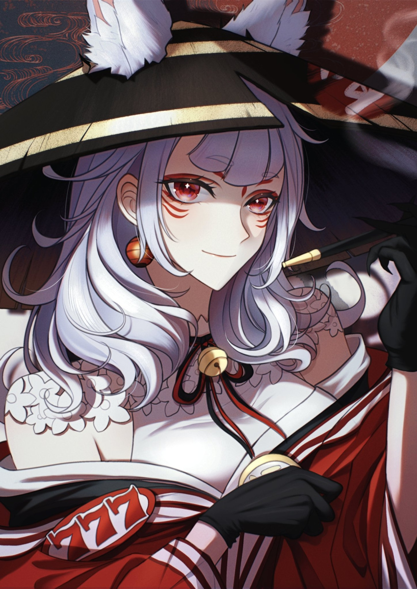 1girl, animal_ear_fluff, animal_ears, bangs, bare_shoulders, bell, black_gloves, black_headwear, black_kimono, black_ribbon, breasts, collar, earrings, ears_through_headwear, extra_ears, eyeshadow, fox_ears, gloves, hair_behind_ear, hat, highres, holding, holding_smoking_pipe, jacket, japanese_clothes, jewelry, kimono, long_hair, looking_at_viewer, makeup, medium_breasts, miaochan_zzz, neck_bell, neck_ribbon, nijisanji, nijisanji_en, nina_kosaka, off_shoulder, portrait, red_eyes, red_eyeshadow, red_jacket, red_ribbon, ribbon, safe, shirt, smile, smoke, smoking, smoking_pipe, solo, upper_body, virtual_youtuber, white_shirt, witch_hat
