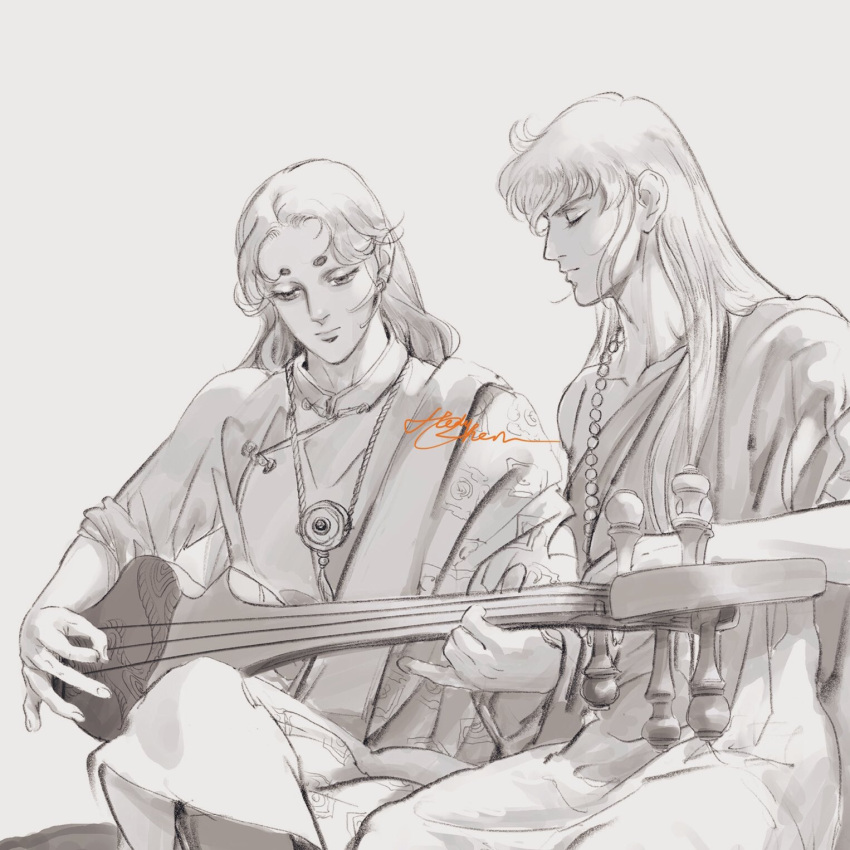 2boys, aries_muu, artist_name, bangs, beads, collarbone, crossed_legs, gradient