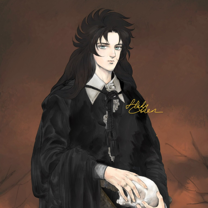 1boy, bare_tree, black_hair, collared_shirt, cup, flower, grey_eyes, hades_(saint_seiya), highres, holding, holding_skull, jewelry, long_hair, long_sleeves, looking_at_viewer, male_focus, portrait, ring, robe, rope, rose, safe, saint_seiya, scabbard, sheath, shirt, signature, simple_background, skull, solo, suddhimagga, sword, tree, weapon, white_flower, white_rose