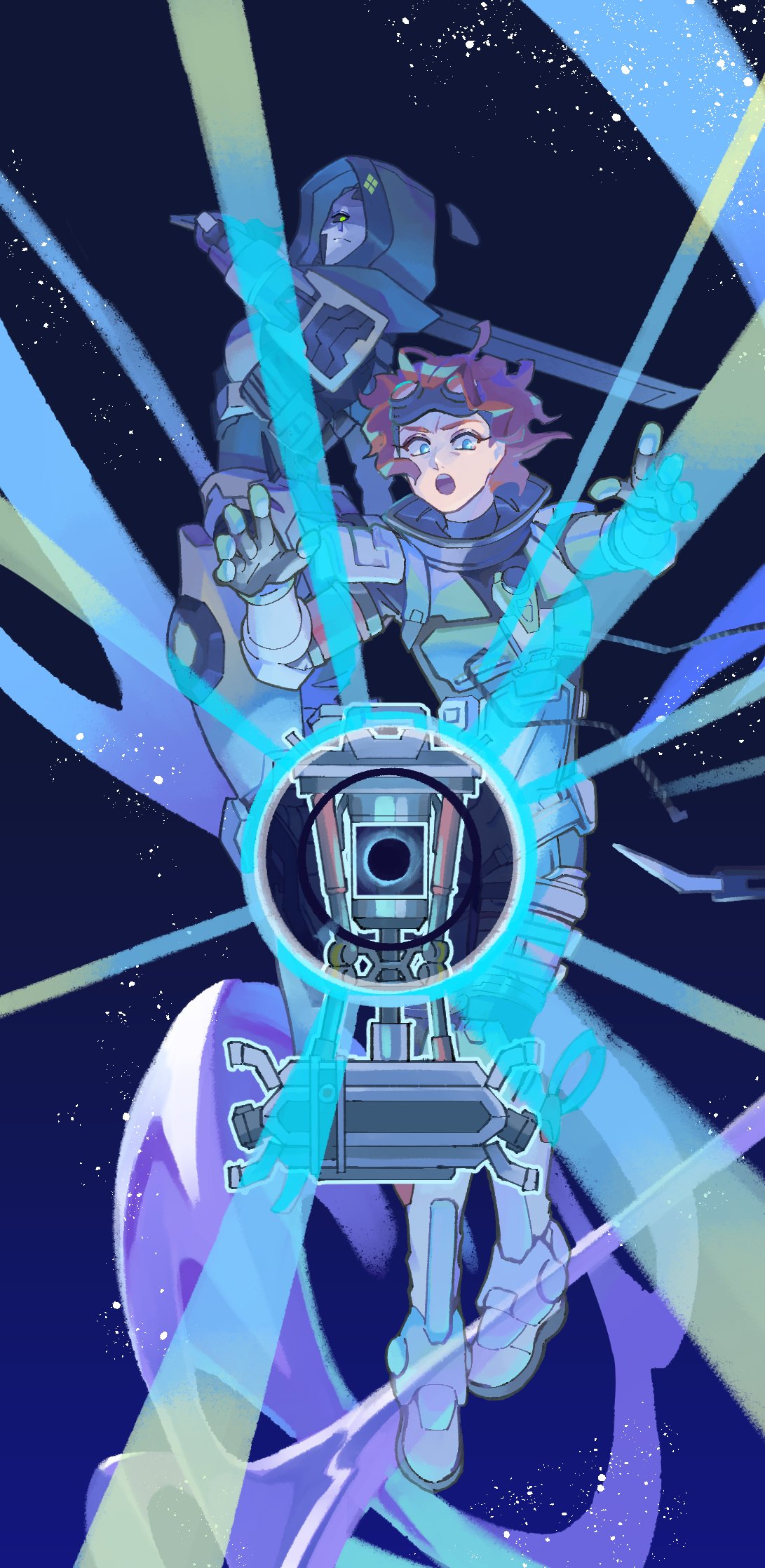 2girls, airborne, android, animification, apex_legends, ash_(titanfall_2), black_gloves, black_sclera, blue_eyes, bodysuit, boots, brown_hair, bug_(silkworm_hnw), colored_sclera, floating_hair, gloves, goggles, goggles_on_head, gun, handgun, highres, holding, holding_gun, holding_sword, holding_weapon, hood, hood_up, horizon_(apex_legends), jacket, long_hair, metal_skin, multiple_girls, open_hands, open_mouth, pants, safe, short_hair, simulacrum_(titanfall), space, spacesuit, sword, tracer_(overwatch), weapon, white_footwear, yellow_eyes