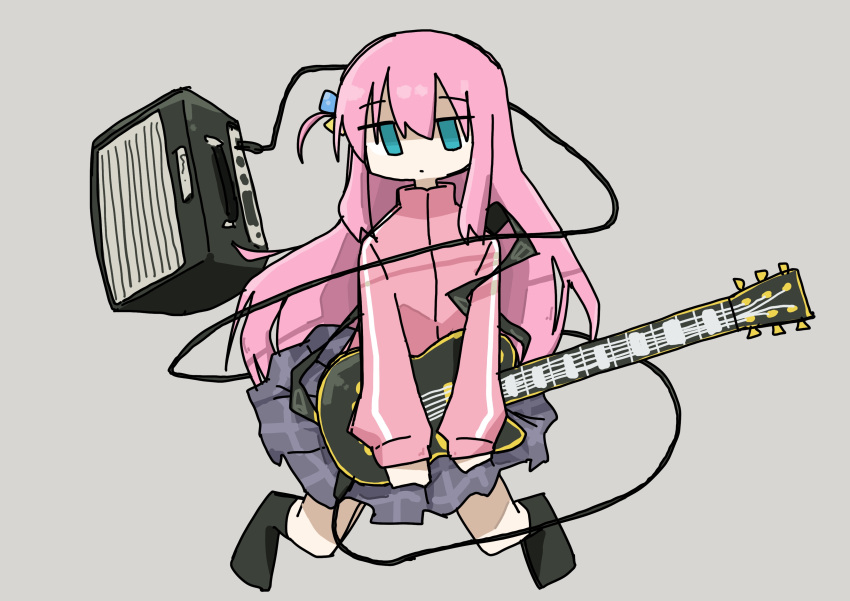 1girl, absurdres, ahoge, amplifier, aqua_eyes, bangs, black_footwear, black_socks, blue_eyes, bocchi_the_rock!, boots, cable, commentary, dot_mouth, electric_guitar, english_commentary, expressionless, floating, floating_object, full_body, gibson_les_paul, gotou_hitori, gradient, gradient_background, grey_background, guitar, hair_between_eyes, hair_cubes, hair_ornament, highres, holding, holding_instrument, instrument, jacket, jitome, kneeling, legs_apart, long_hair, long_sleeves, looking_at_viewer, no_pupils, one_side_up, pink_hair, pink_jacket, plaid, plaid_skirt, pleated_skirt, purple_skirt, safe, simple_background, skirt, sleeves_past_wrists, socks, solo, tokiwa_(914), track_jacket, v_arms, very_long_hair, wind, wind_lift