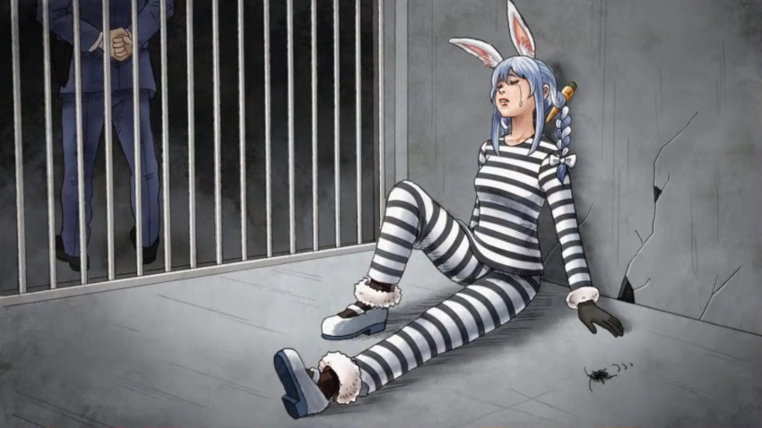 1boy, 1girl, animal_ears, black_gloves, blue_hair, braid, bug, bunny_ears