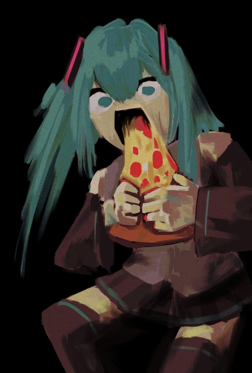 1girl, alurisnow, aqua_eyes, aqua_hair, bangs, bare_shoulders, black_background, black_skirt, black_thighhighs, blue_eyes, blue_hair, commentary, constricted_pupils, detached_sleeves, eating, english_commentary, fine_art_parody, food, grey_shirt, hair_ornament, hairclip, hands_up, hatsune_miku, highres, holding, holding_food, long_hair, looking_at_viewer, miniskirt, open_mouth, own_hands_together, parody, pizza, pleated_skirt, safe, saturn_devouring_his_son, shiny, shiny_hair, shirt, sidelocks, simple_background, sketch, skirt, sleeveless, sleeveless_shirt, solo, standing, thigh-highs, thighhighs, twintails, vocaloid, wide-eyed, zettai_ryouiki