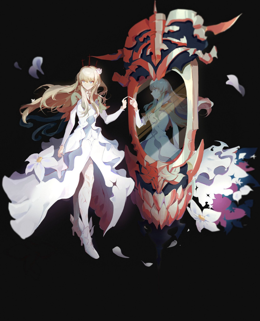 1girl, 2girls, alchemy_stars, arm_at_side, bangs, black_background, blonde_hair, blue_eyes