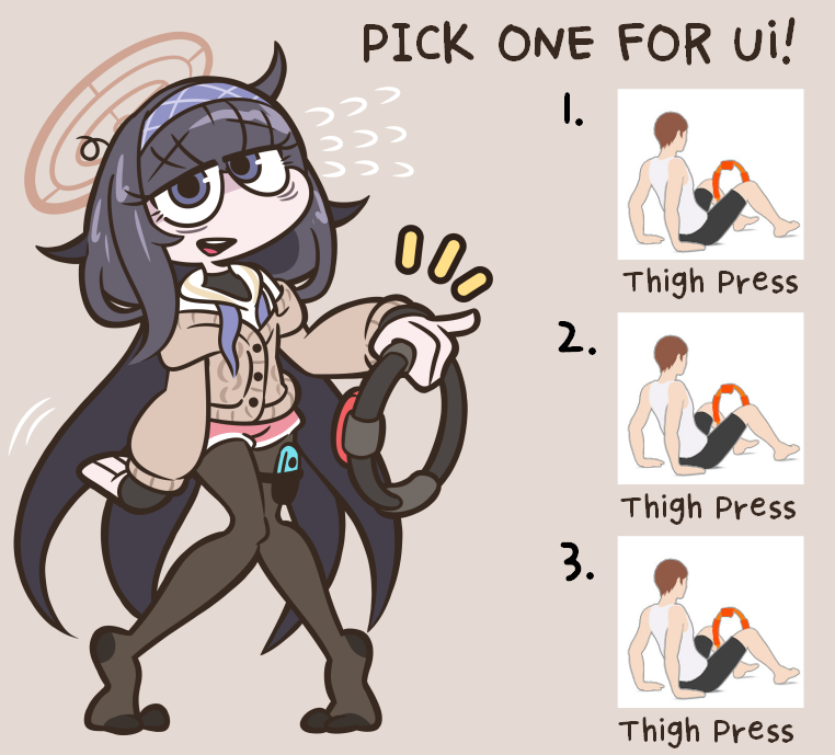 1boy, 1girl, arm_at_side, bags_under_eyes, bangs, black_hair, blue_archive, bodystocking, brown_background, brown_cardigan, buttons, cardigan, cartoonized, character_name, cho_theg, commentary_request, controller, english_commentary, english_text, flat_chest, flying_sweatdrops, game_controller, hairband, halo, hand_up, holding, holding_controller, holding_game_controller, jitome, joy-con, knees_together_feet_apart, legs, long_hair, long_sleeves, messy_hair, mixed-language_commentary, multiple_views, neckerchief, nervous_smile, notice_lines, off_shoulder, open_mouth, partial_commentary, pigeon-toed, pinky_out, purple_hairband, purple_neckerchief, raised_eyebrows, red_shorts, ring-con, ring_fit_adventure, safe, sailor_collar, shiny, shiny_hair, shirt, short_shorts, shorts, sidelocks, simple_background, smile, teeth, thigh_strap, tiptoes, toon_(style), ui_(blue_archive), undone_neckerchief, very_long_hair, violet_eyes, white_sailor_collar, white_shirt