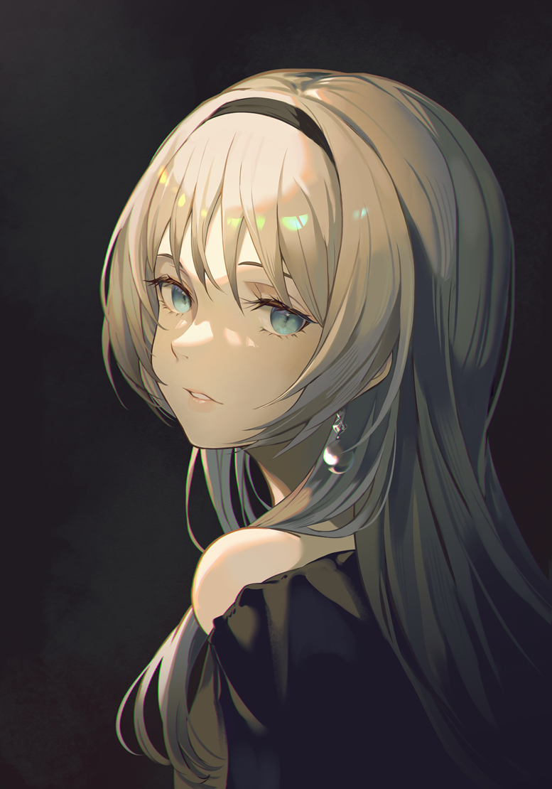 1girl, an-94_(girls'_frontline), an-94_(silent_rouge)_(girls'_frontline), aqua_eyes, bangs, black_background, black_dress, black_hairband