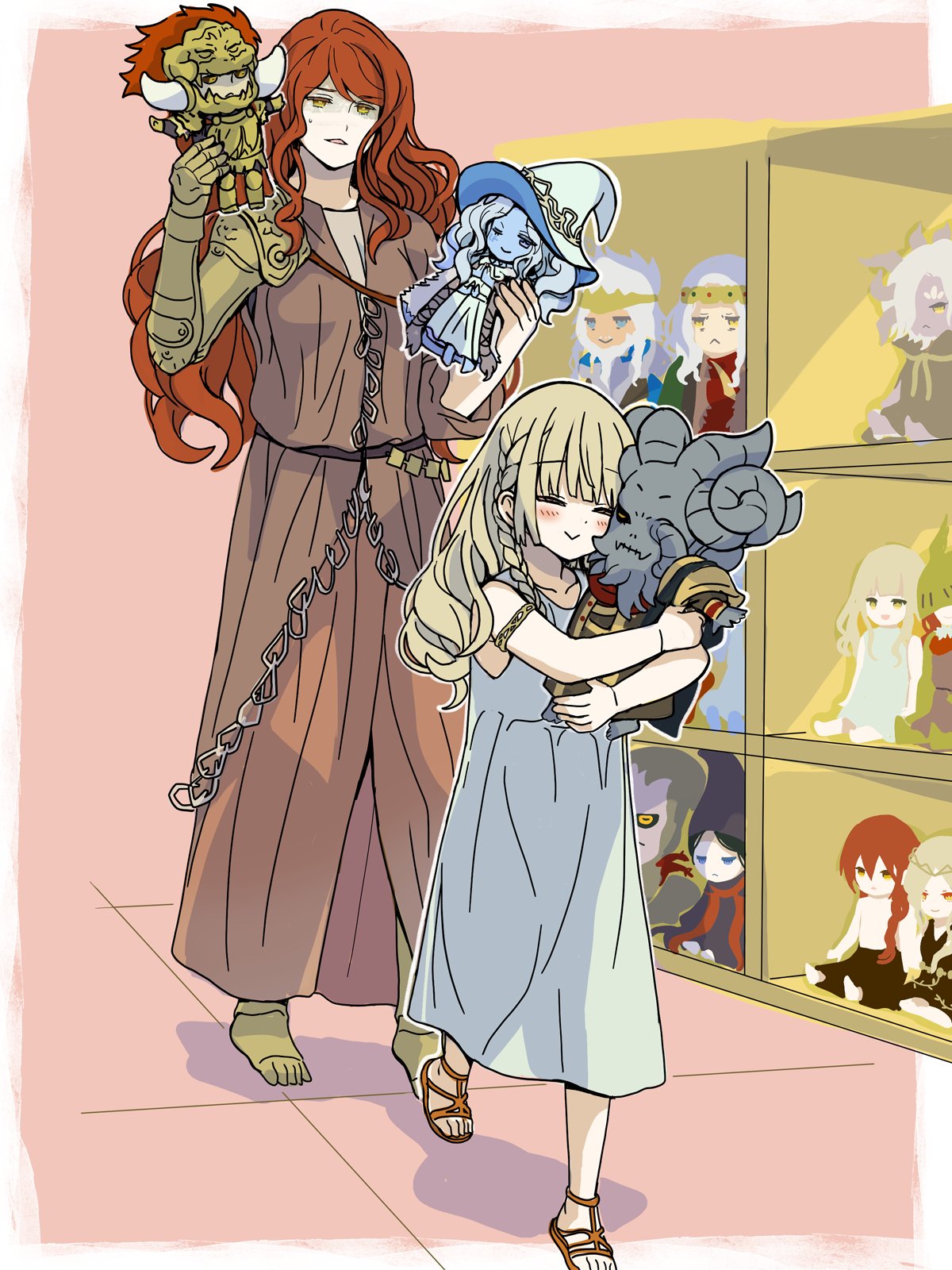 1boy, 1girl, armlet, bangs, bare_shoulders, blonde_hair, blunt_bangs, blush, braid, brother_and_sister, brown_dress, character_doll, closed_eyes, dress, elden_ring, godfrey_first_elden_lord, highres, holding, holding_stuffed_toy, holding_toy, indoors, long_hair, malenia_blade_of_miquella, margit_the_fell_omen, mechanical_arms, mechanical_legs, miquella_(elden_ring), mohg_lord_of_blood, multiple_girls, object_hug, oi_kamenoko, prosthesis, prosthetic_arm, prosthetic_leg, queen_marika_the_eternal, radagon_of_the_golden_order, ranni_the_witch, redhead, rennala_queen_of_the_full_moon, rykard_lord_of_blasphemy, sandals, siblings, side_braid, single_mechanical_arm, sleeveless, starscourge_radahn, stuffed_toy, sweatdrop, swept_bangs, toy, tunic, twins, very_long_hair, wavy_hair, yellow_eyes