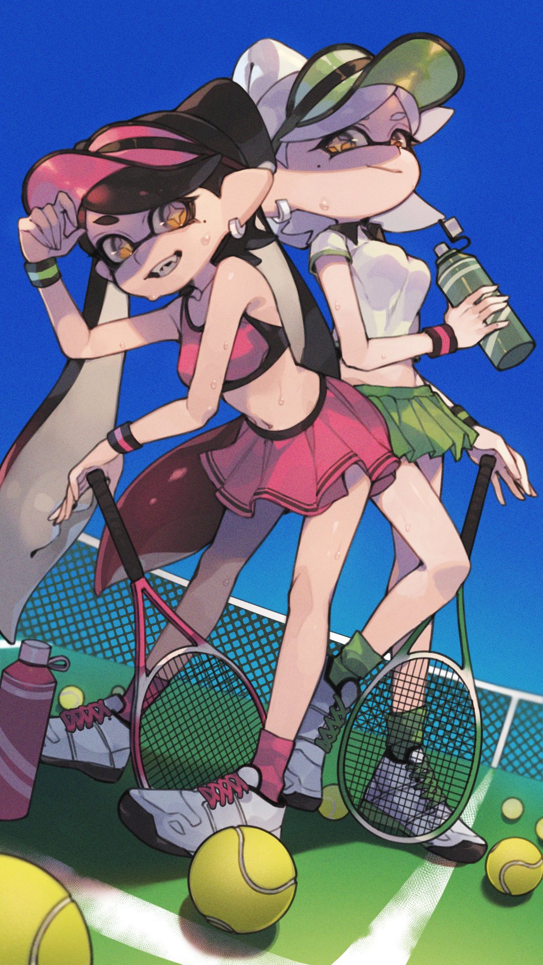 2girls, ball, bare_shoulders, black_hair, blue_sky, bottle, breasts, callie_(splatoon)