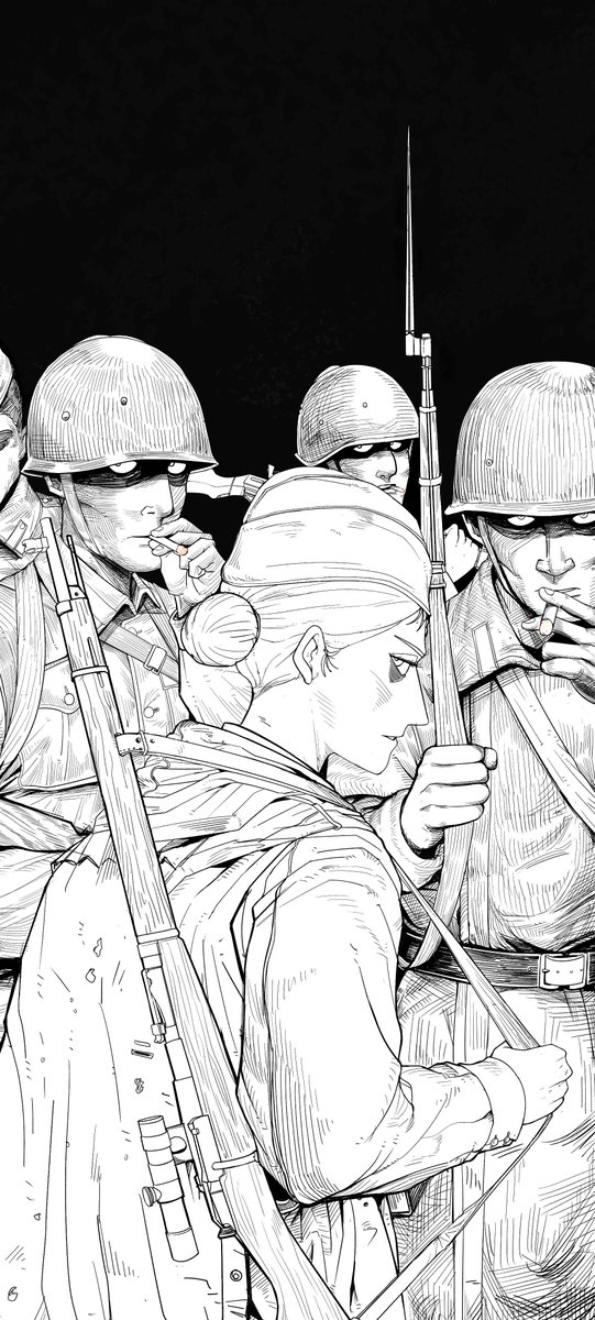 1girl, 4boys, bags_under_eyes, between_fingers, black_background, cigarette, closed_mouth, commentary_request, garrison_cap, greyscale, gun, hair_bun, hat, helmet, highres, holding, holding_cigarette, holding_weapon, jacket, long_sleeves, looking_at_viewer, looking_to_the_side, monochrome, mosin-nagant, multiple_boys, original, parted_lips, profile, rifle, russian_commentary, simple_background, smoking, sniper_rifle, sniper_scope, thornjager, weapon
