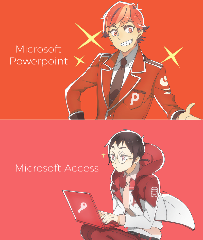 2boys, belt, bishounen, black_belt, cioccolatodorima, commentary, computer, glasses, hood, hoodie, key_print, laptop, male_focus, microsoft, microsoft_access, microsoft_powerpoint, multicolored_hair, multiple_boys, necktie, orange_hair, personification, pink_background, red_background, redhead, smile, sparkle, sparkling_eyes, teeth, two-tone_hair, typing