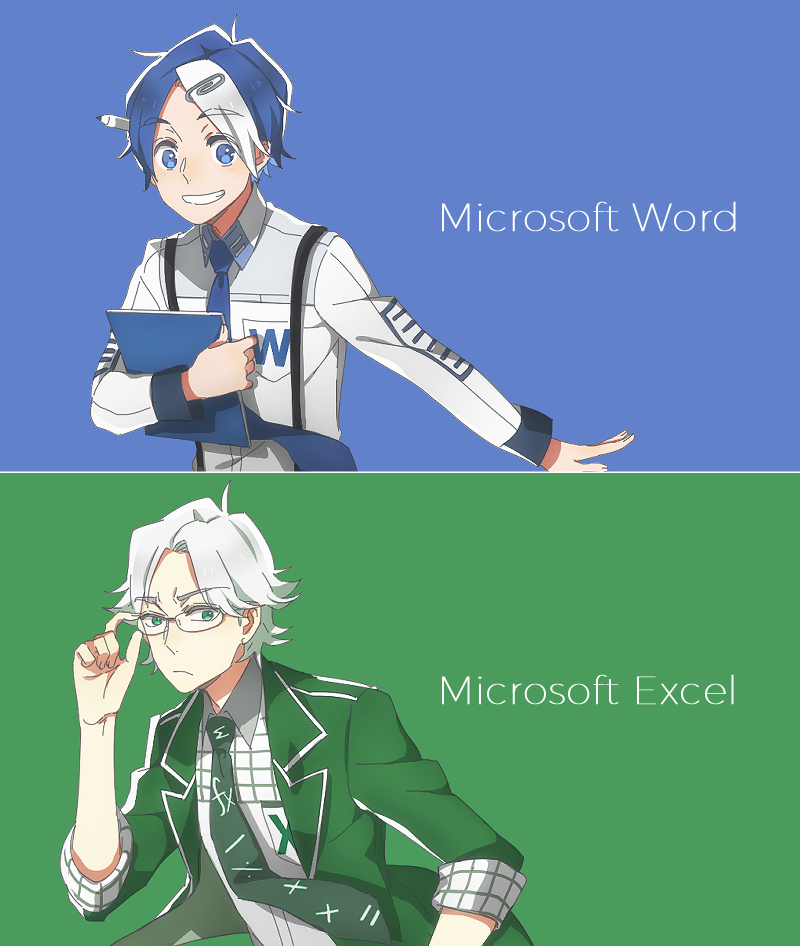 2boys, bishounen, blue_background, blue_eyes, blue_hair, blue_necktie, cioccolatodorima, glasses