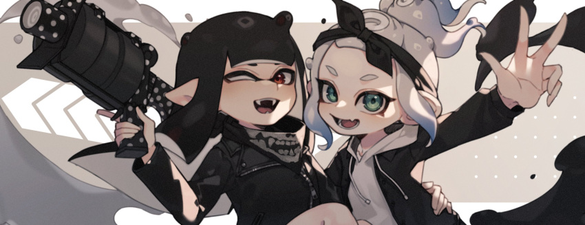 .52_gal_(splatoon), 2girls, ;d, arm_up, bandana, black_hair, black_hairband, black_jacket