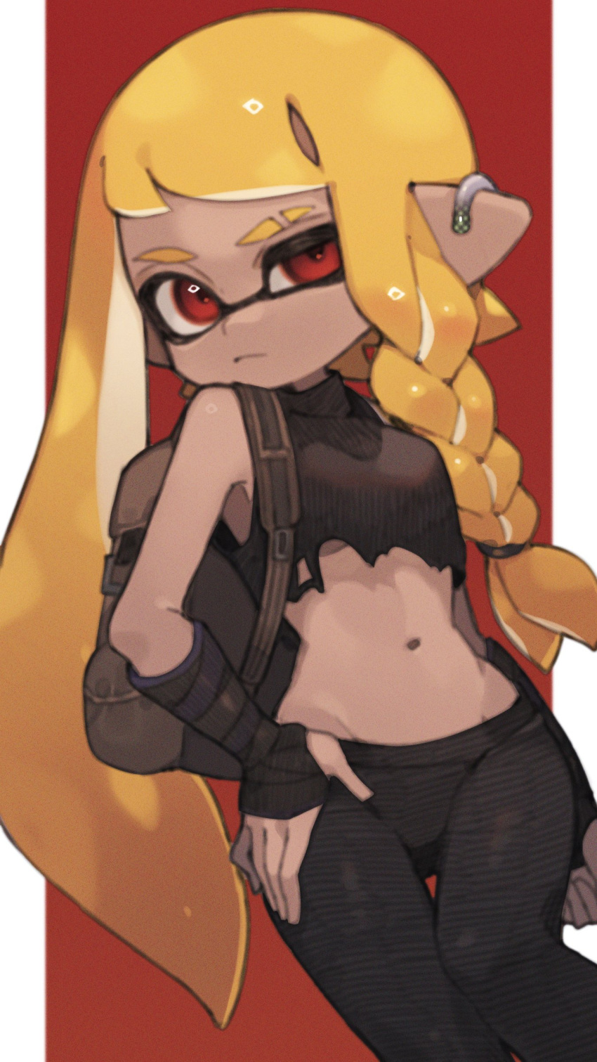 1girl, absurdres, backpack, bag, bangs, bare_shoulders, black_gloves, black_pants, black_shirt, blonde_hair, braid, brown_bag, closed_mouth, commentary, crop_top, dark-skinned_female, dark_skin, earclip, elbow_gloves, fingerless_gloves, gloves, hand_on_hip, highres, inkling, inkling_girl, jewelry, long_hair, looking_at_viewer, mask, midriff, navel, pants, pillarboxed, pointy_ears, prat_rat, red_background, red_eyes, shirt, side_braid, sidelocks, simple_background, single_braid, sleeveless, sleeveless_shirt, sleeveless_turtleneck_crop_top, solo, splatoon_(series), splatoon_3, standing, stomach, tentacle_hair, torn_clothes, torn_shirt, turtleneck, very_long_hair