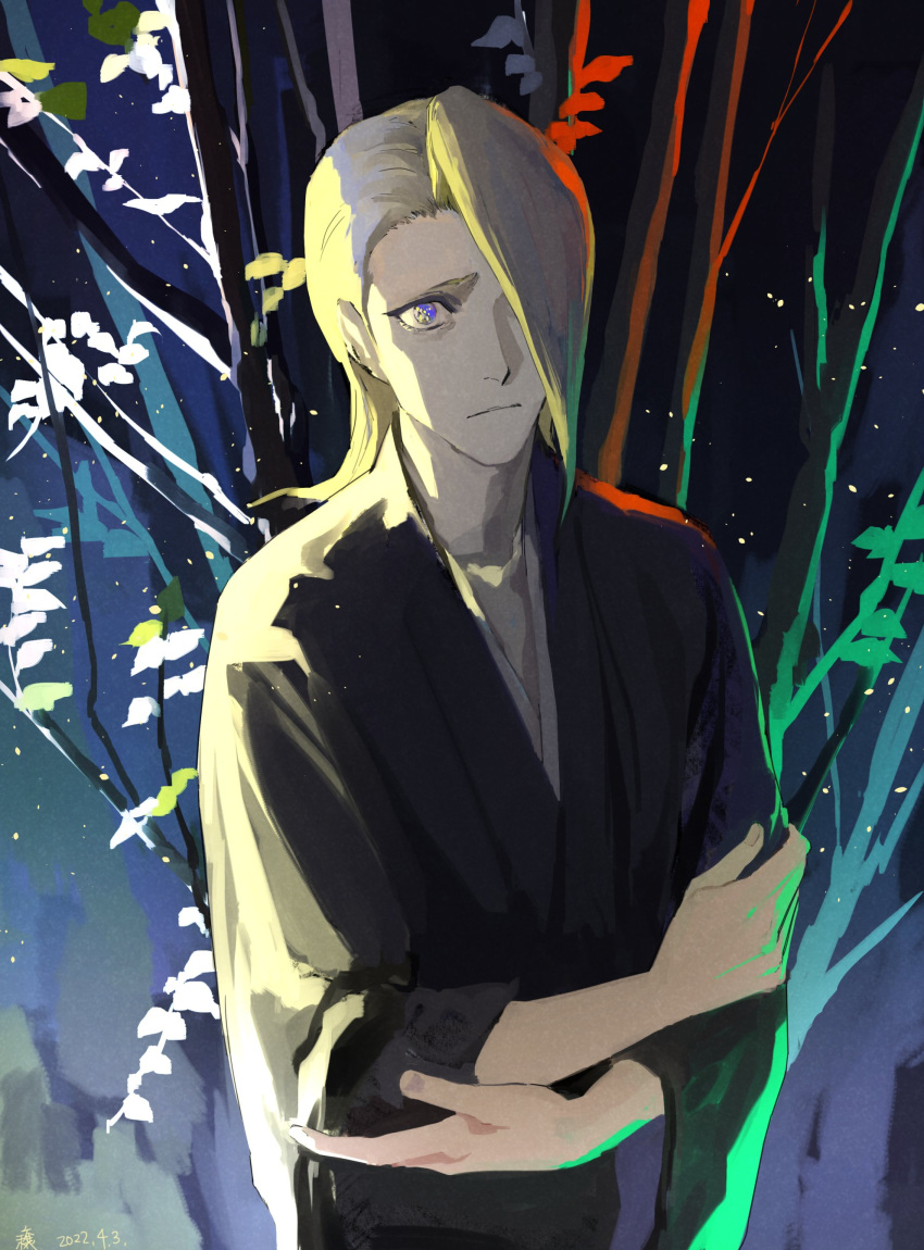 1boy, absurdres, bangs, black_kimono, bleach, blonde_hair, closed_mouth, collarbone